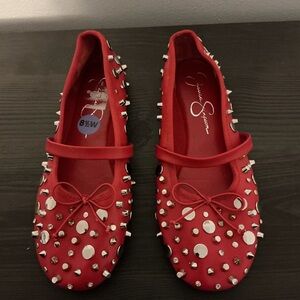 Jessica Simpson NWOT Woman’s Red Mary Jane Flat Shoes, Spike Studs. Size 8 1/2 W